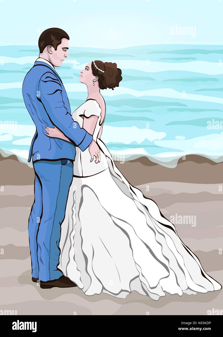 Sposa e lo sposo cartoon vettore, del disegno a mano. matura in amore abbracciando guardando ogni altro, vestito con un abito da sposa e una tuta contro il backgrou Illustrazione Vettoriale