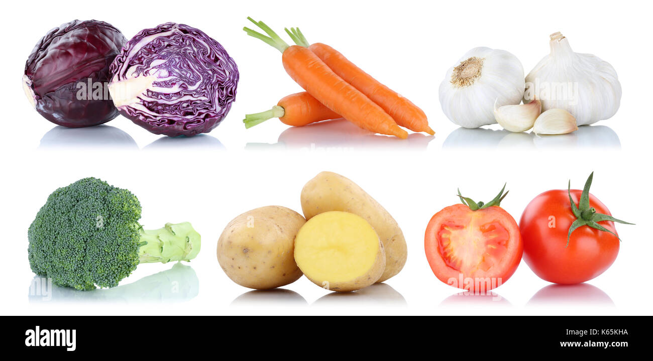Raccolta di ortaggi Pomodori Carote alimenti freschi Patate vegetale isolata su uno sfondo bianco Foto Stock
