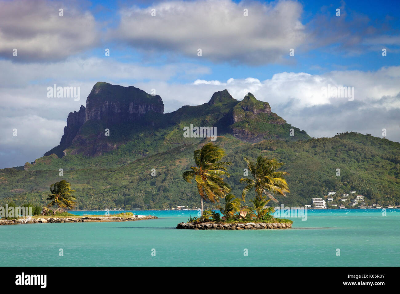 Piccolo palm island in mare di fronte a monte Otemanu, isola di bora bora, isole della Società, Polinesia francese Foto Stock