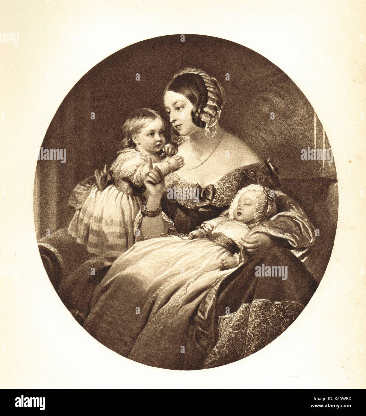 Regina Vittoria con i figli, Principessa reale Vittoria, Principe di Galles Edoardo, 1842 Foto Stock