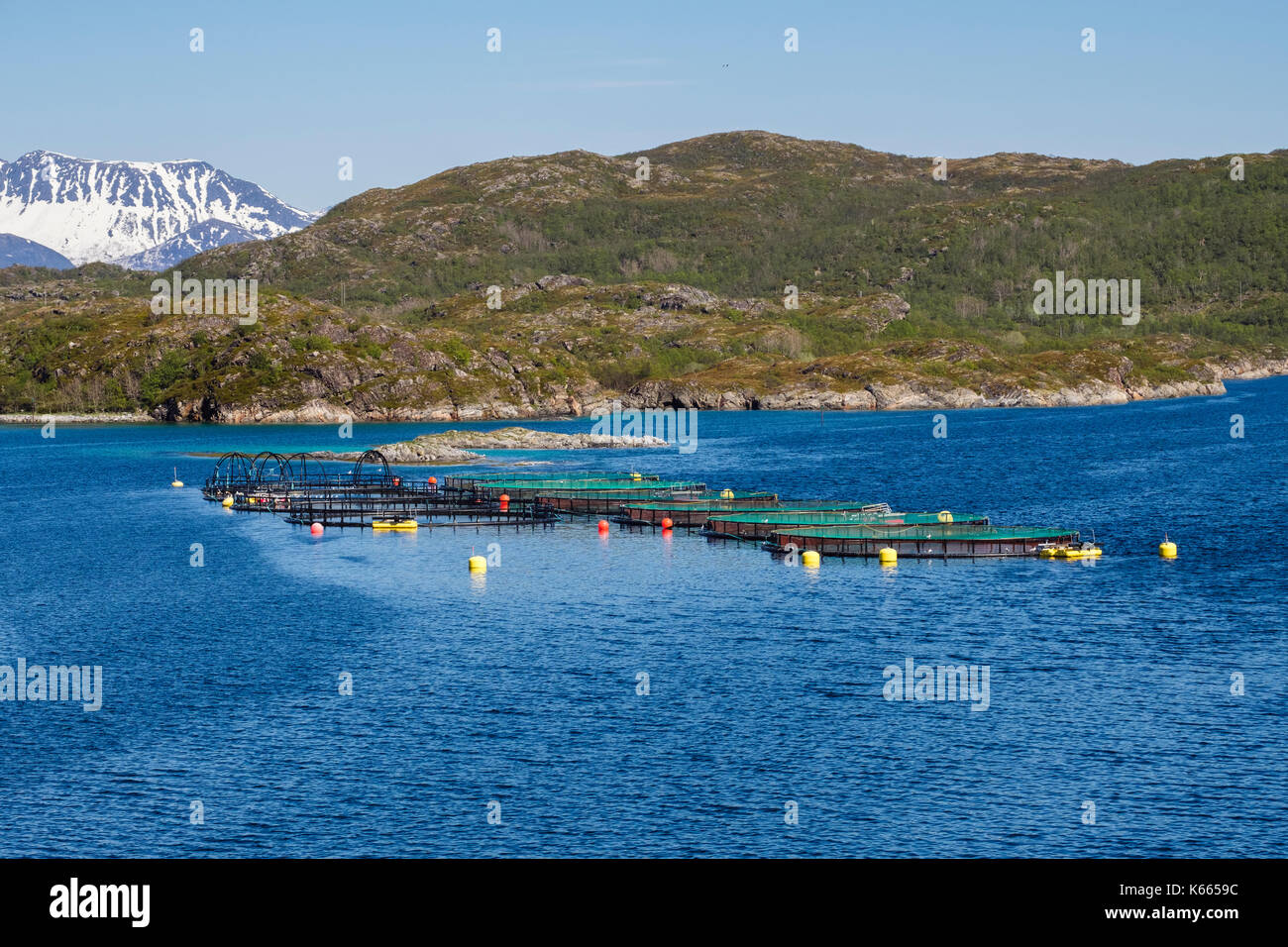 Allevamento di salmoni di allevamento in un fiordo norvegese sulla costa nord. Troms, Norvegia, Scandinavia, Europa Foto Stock