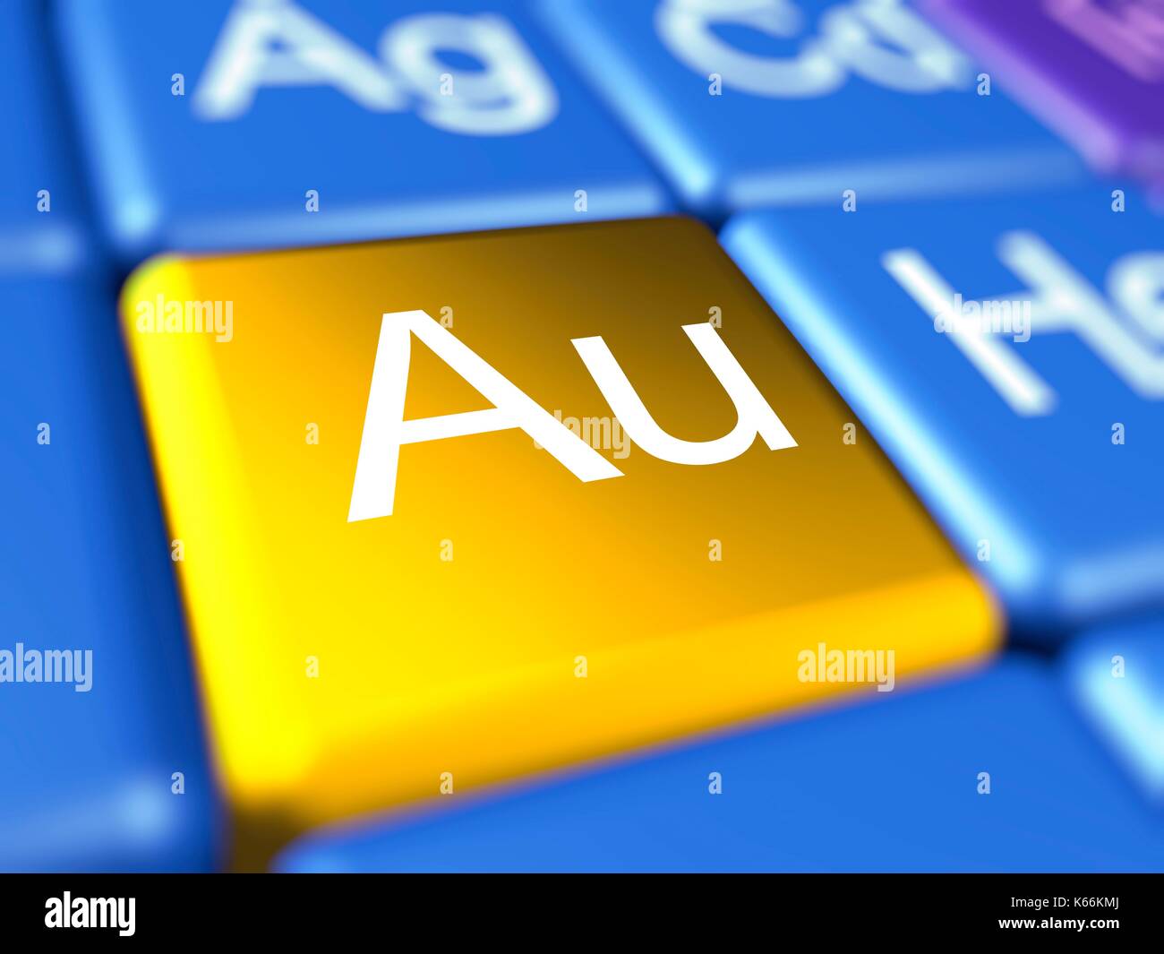Computer grafica di un close-up della tavola periodica focalizzata sull'elemento chimico oro (Au=Aurum). Foto Stock
