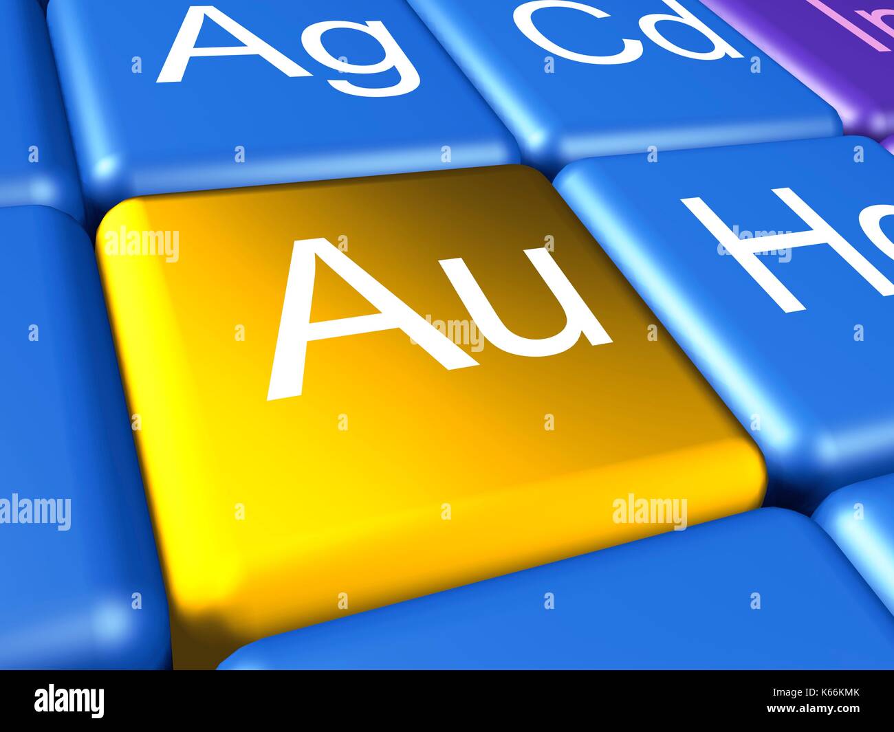 Computer grafica di un close-up della tavola periodica focalizzata sull'elemento chimico oro (Au=Aurum). Foto Stock