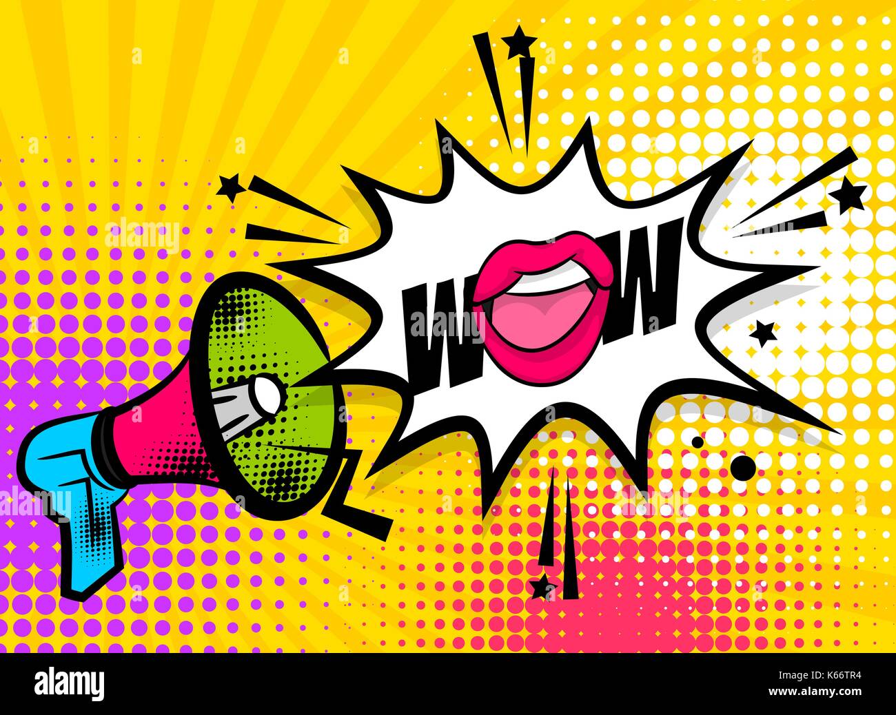 La Pop art megafono donna rosa labbra WOW Illustrazione Vettoriale