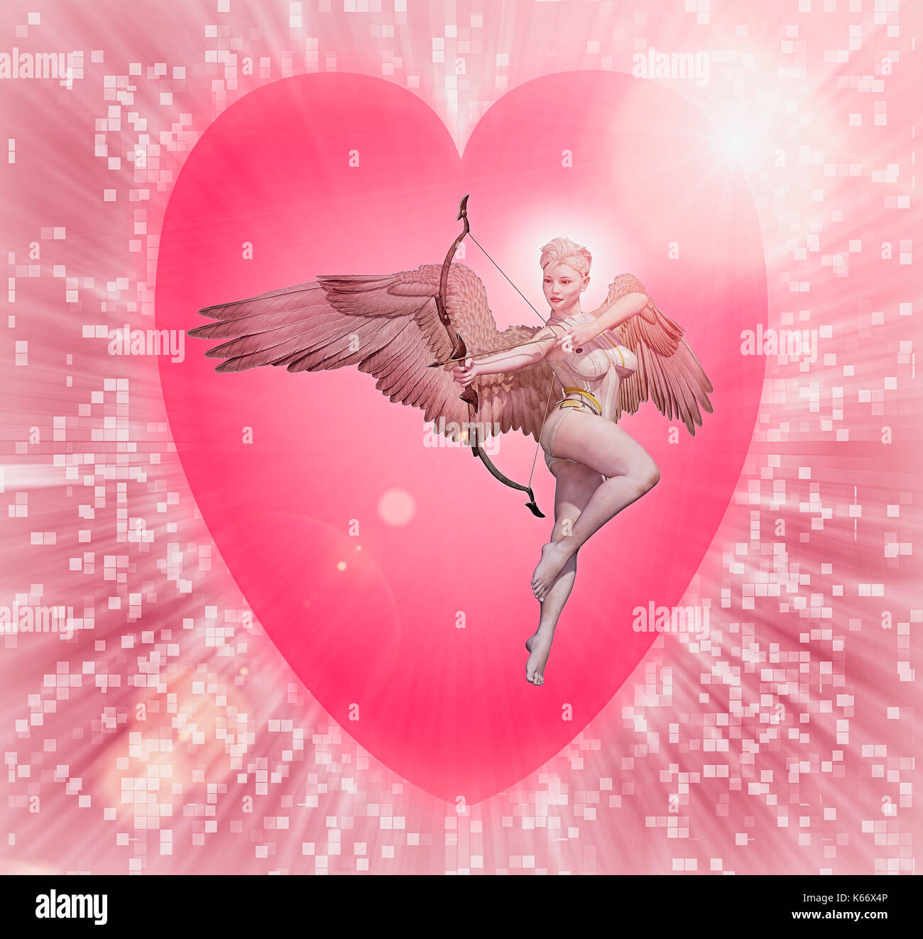 Cupido tenendo la prua e la freccia nel cyberspazio Foto Stock
