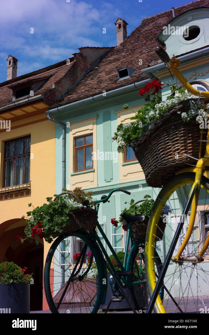 Le biciclette con cesti di fiori in sighisoara medievale della città vecchia. Foto Stock