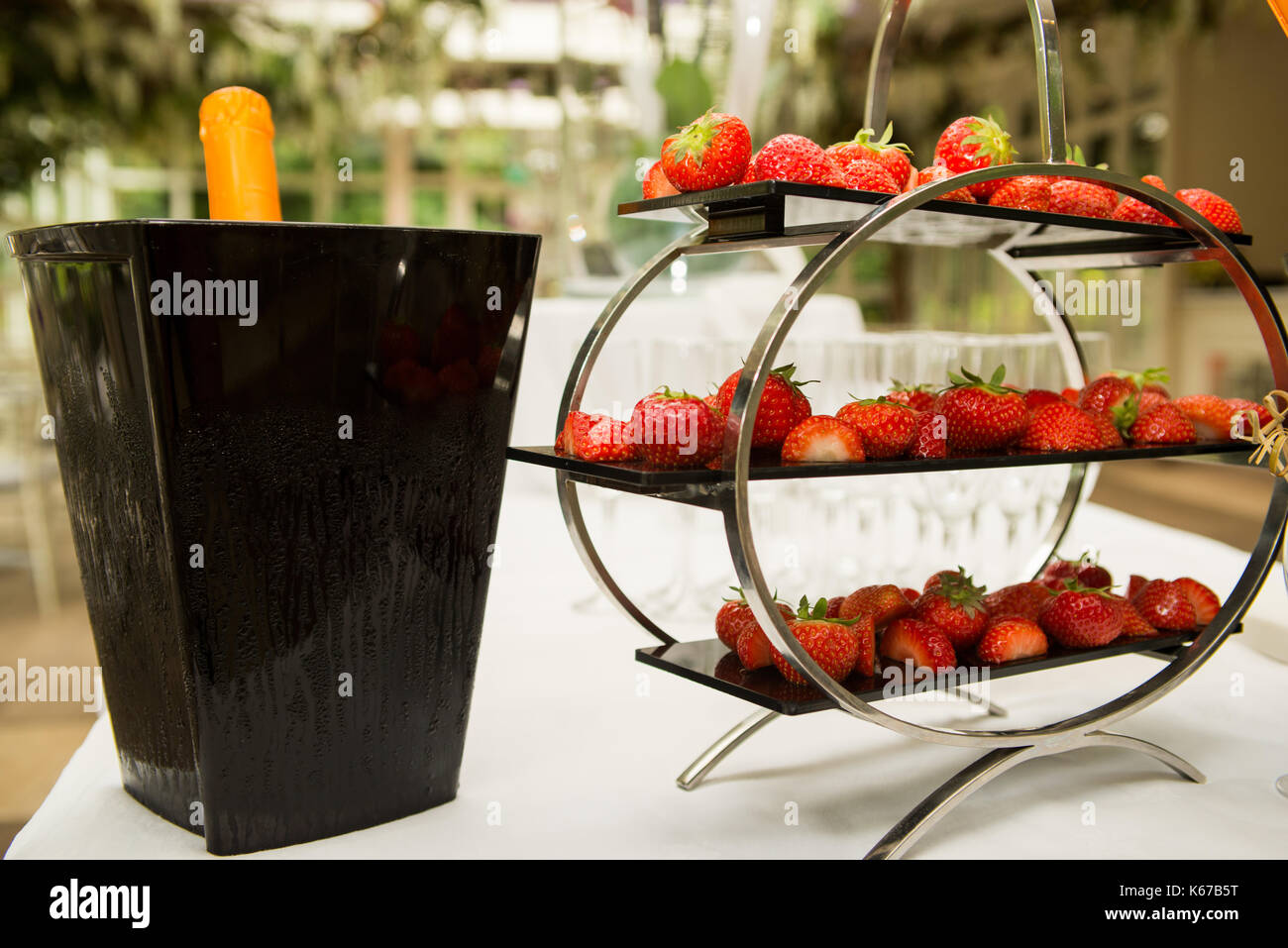 Bottiglia di vino bianco in un raffreddatore di vino con le fragole Foto Stock