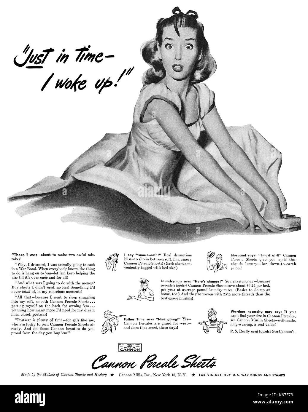1945 pubblicità negli Stati Uniti per il cannone percalle fogli. Foto Stock