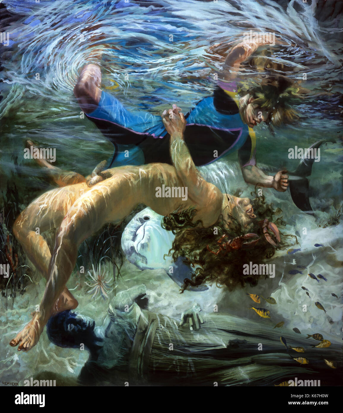 Nettuno e Leander- un dipinto mitologico greco, olio su lino, una scena subacquea. Nettuno ha afferrato Leander che indossa un abito turchese e nero bagnato e attira i giovani nelle profondità del mare nel suo abbraccio fatale. Un delfino guarda e i pesci nuotano intorno a una statua sommersa, il cosiddetto Motya Charioteer. Per acquistare il dipinto originale, visitare il sito durand-gallery.com/mythology/neptuneleander/ Foto Stock