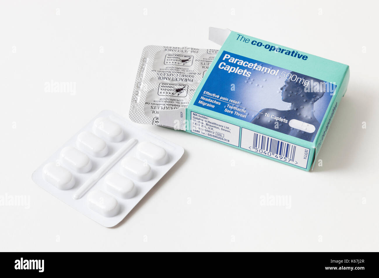 Killer del dolore: aprire la scatola di paracetamolo compresse. Co-operativa 500 mg di paracetamolo caplet Foto Stock