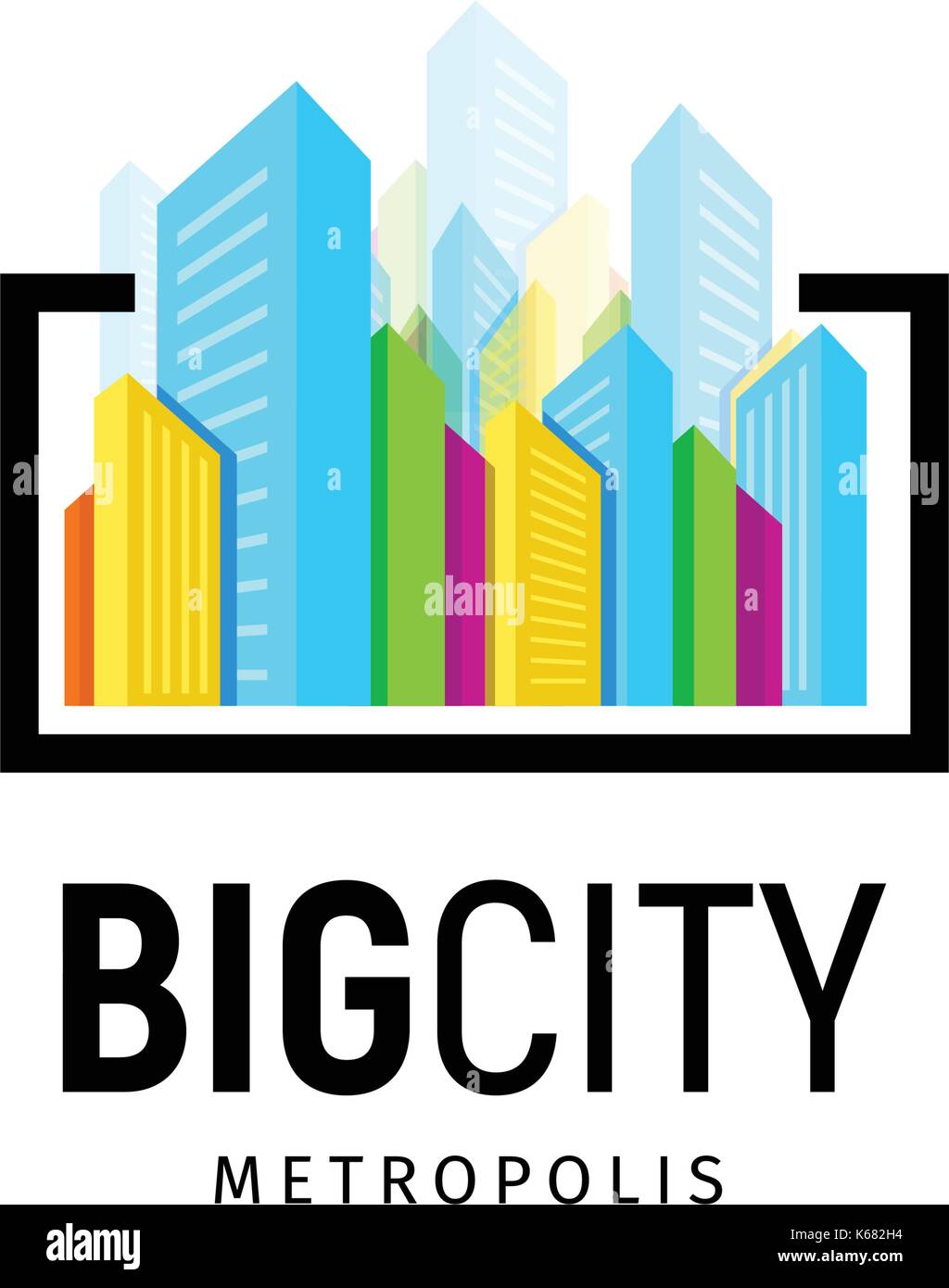 Isolato colorati agenzia immobiliare logo, logotipo casa su bianco, home concetto icona,grattacielo, Big city tower illustrazione vettoriale in nero linear frame. Illustrazione Vettoriale