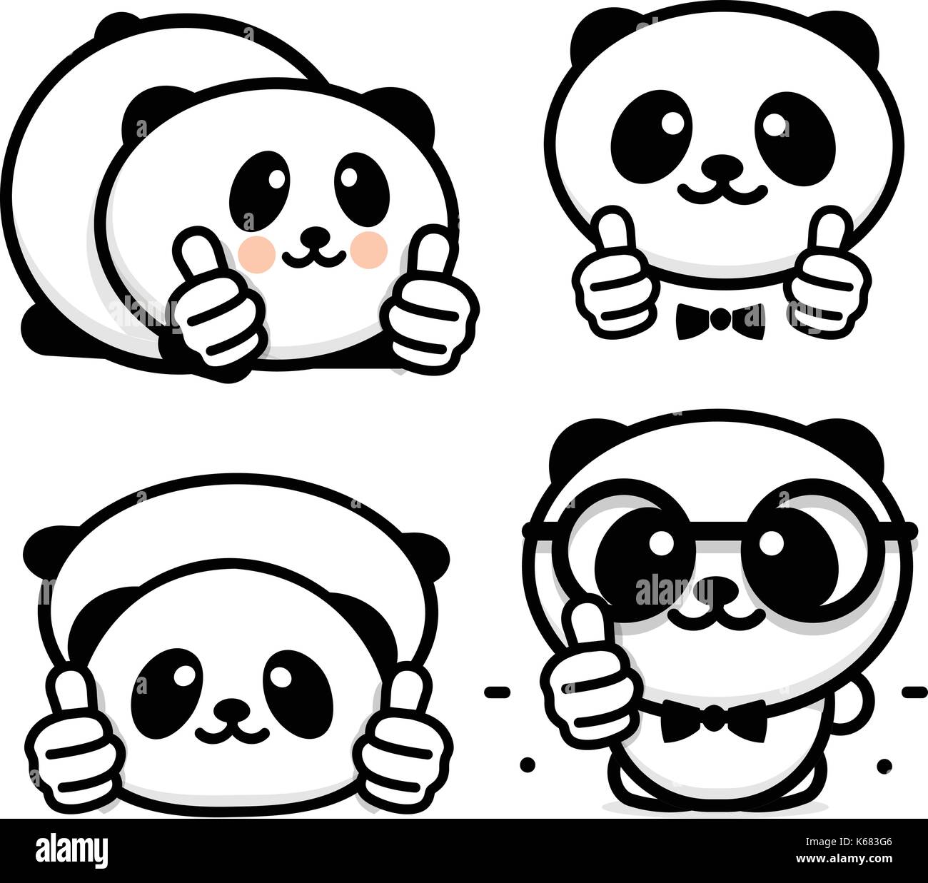 Logo ok. divertente poco simpatico panda che mostra il gesto con la mano, simbolo astratto di approvazione e adozione. vettore Thumbs up logo con l'immagine di un semiscafi Illustrazione Vettoriale