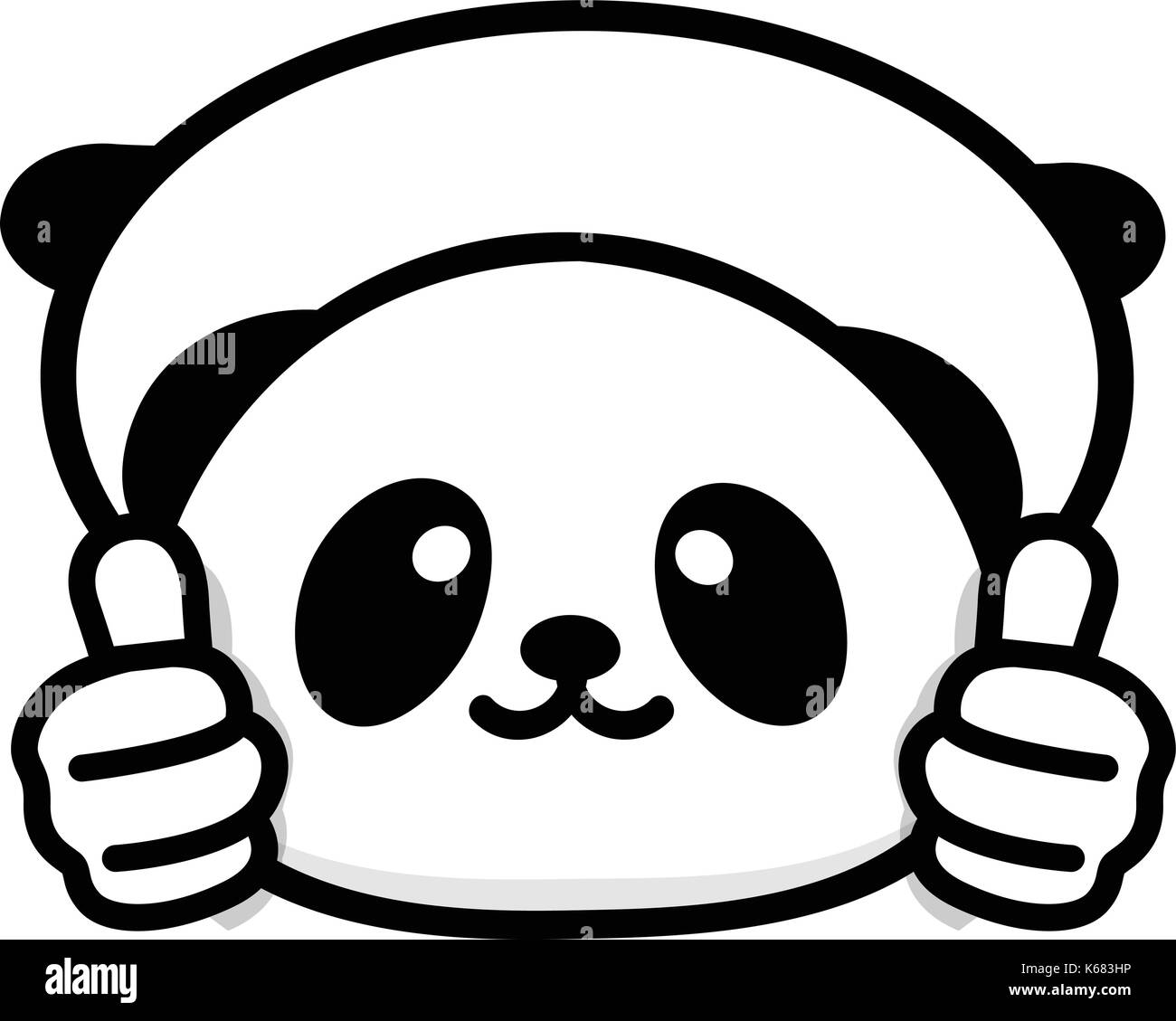 Logo ok. divertente poco simpatico panda che mostra il gesto con la mano, simbolo astratto di approvazione e adozione. vettore Thumbs up logo con l immagine di un cinese orsetto bianco e nero che mostra il suo consenso Illustrazione Vettoriale