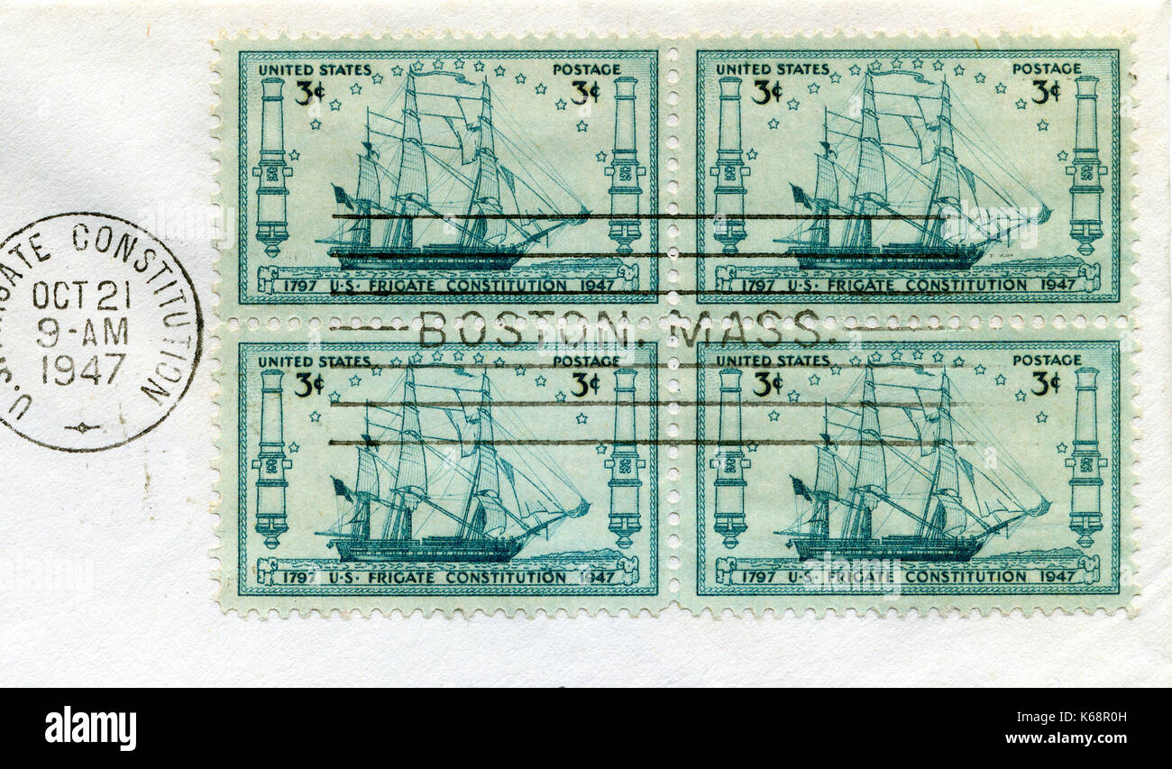 Stati Uniti I francobolli per commemorare la U.S. Costituzione di fregate. I timbri sono pre-1978 e vengono cancellati (dalla mia personale raccolta di francobolli.) Foto Stock
