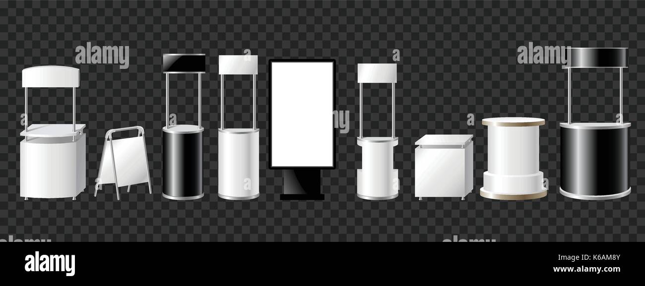 Serie di pilastri di pubblicità, colonne, bandierine - moderno vettore illustrazione isolato su sfondo trasparente. realistico in bianco e nero roll up e p Illustrazione Vettoriale