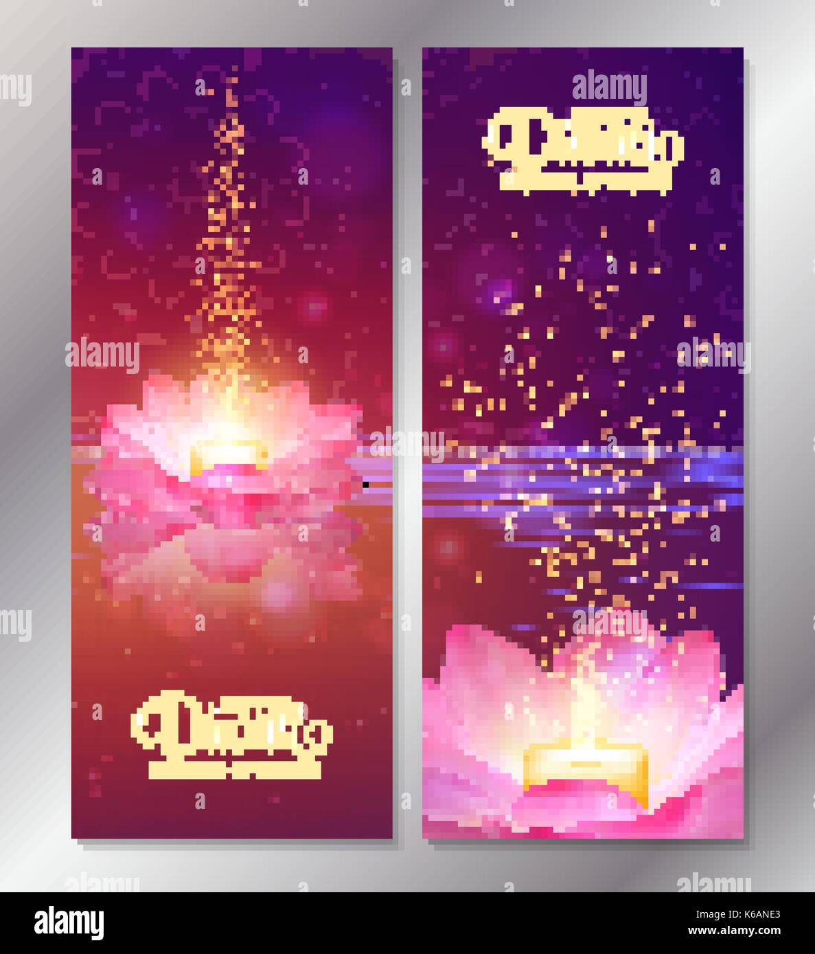 Set di due felice Diwali banner verticale con la candela incandescente in rosa loto. vettore. festa delle luci saluto volantini. Illustrazione Vettoriale