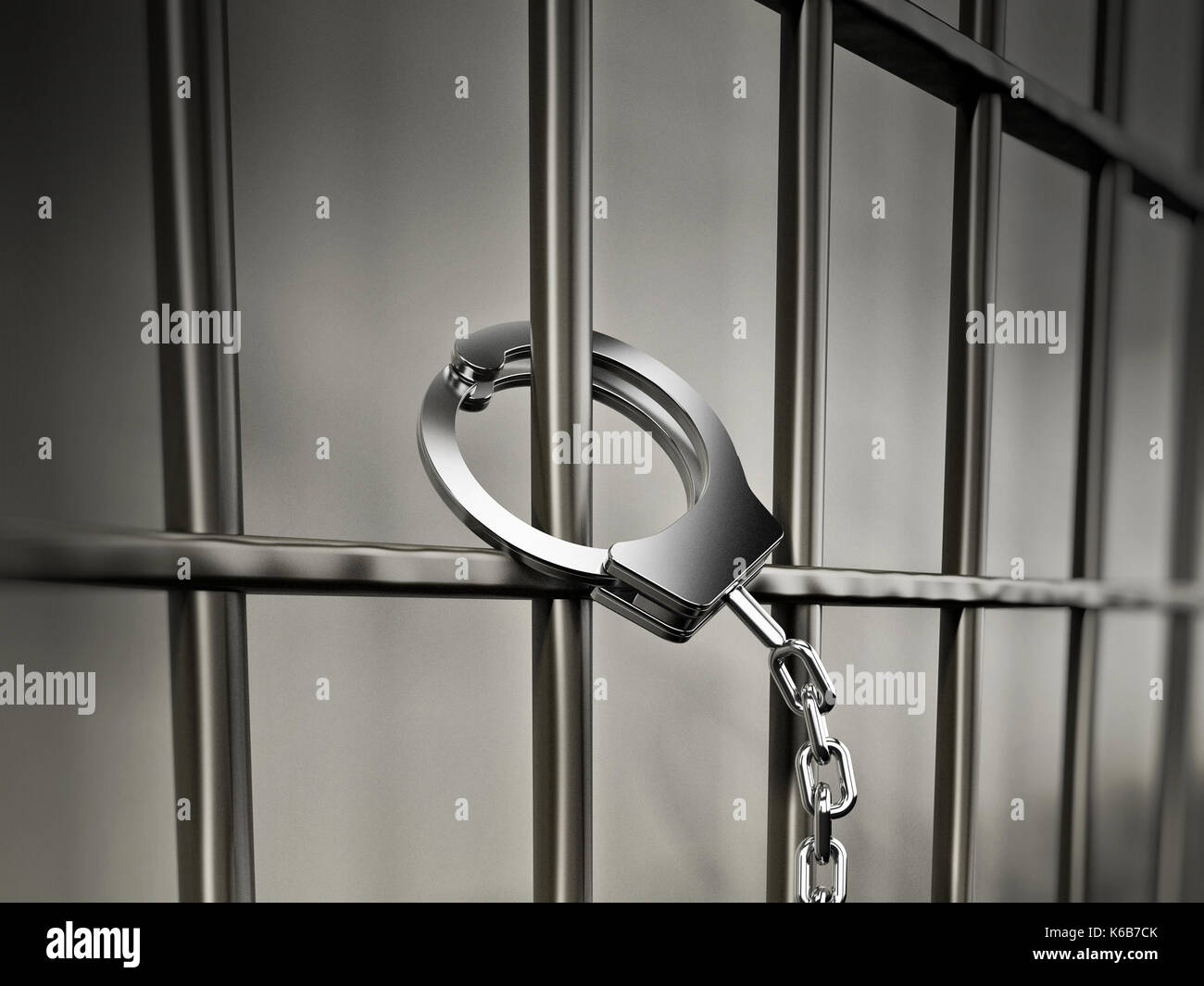 Manette attaccata alla prigione di metallo bar.3d'illustrazione. Foto Stock