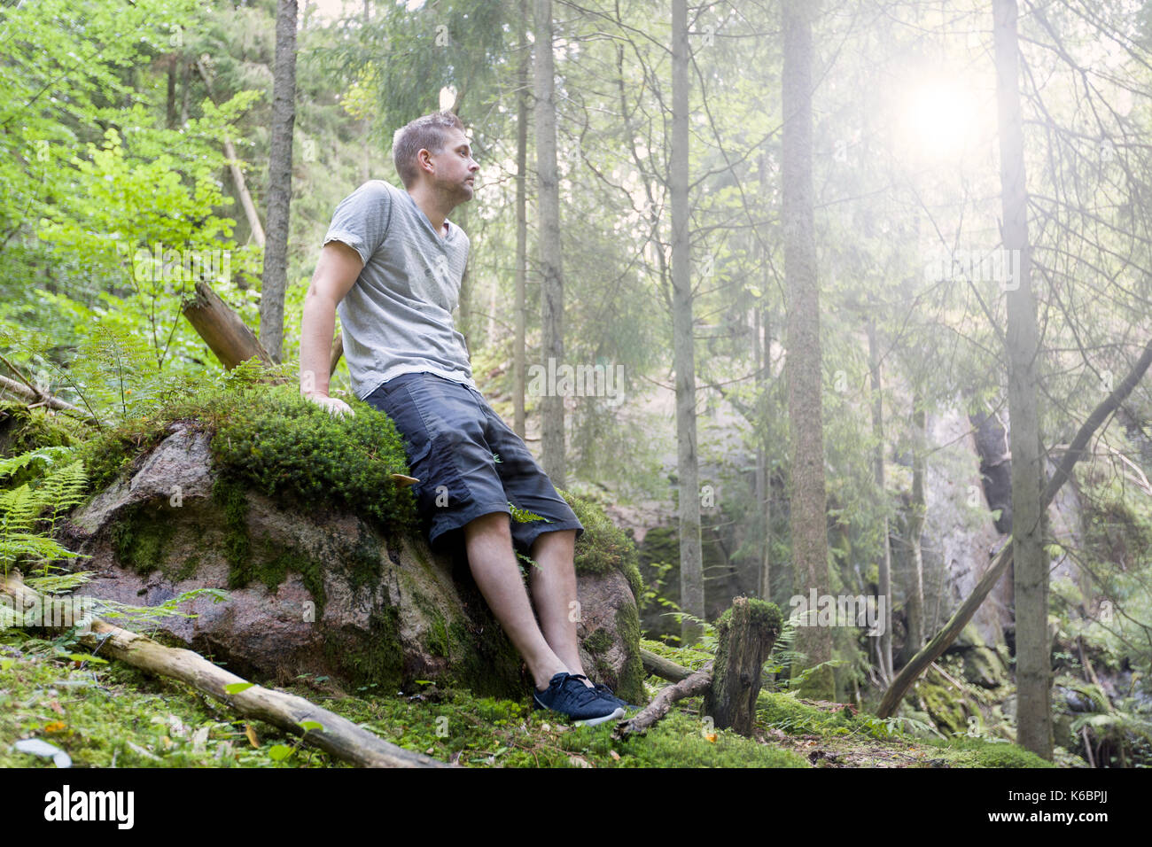Metà adulto uomo caucasico all'aperto nel tranquillo rilassante foresta su roccia modello di rilascio: Sì. Proprietà di rilascio: No. Foto Stock