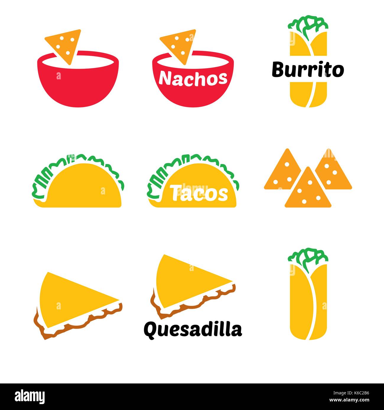 Cibo messicano vector icon set tacos, nachos, burrito, quesadilla Illustrazione Vettoriale