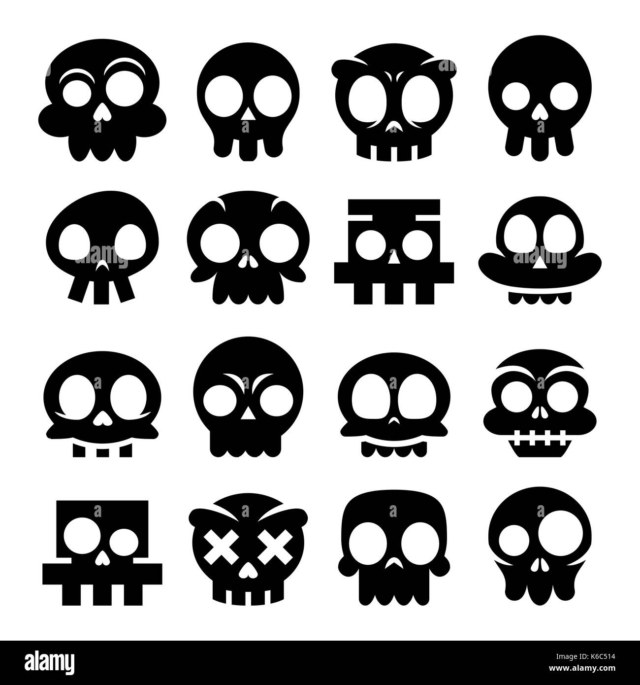 Vettore di halloween cartoon icone del cranio, messicano carino zucchero nero teschi set design, dia de los Muertos Illustrazione Vettoriale
