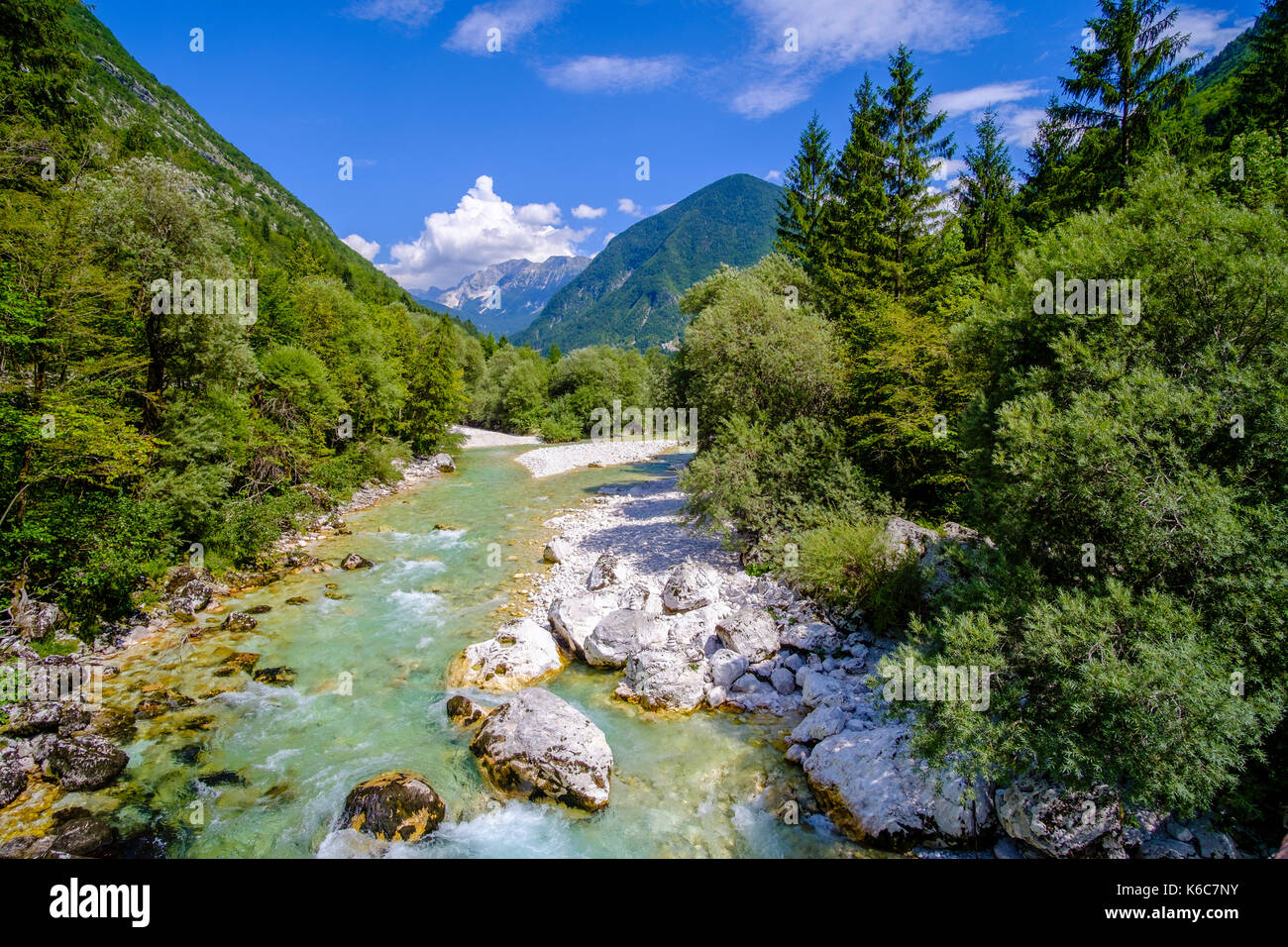 Paesaggio con fiume Soča, gli alberi e le montagne in isonzo nel parco nazionale del Triglav Foto Stock