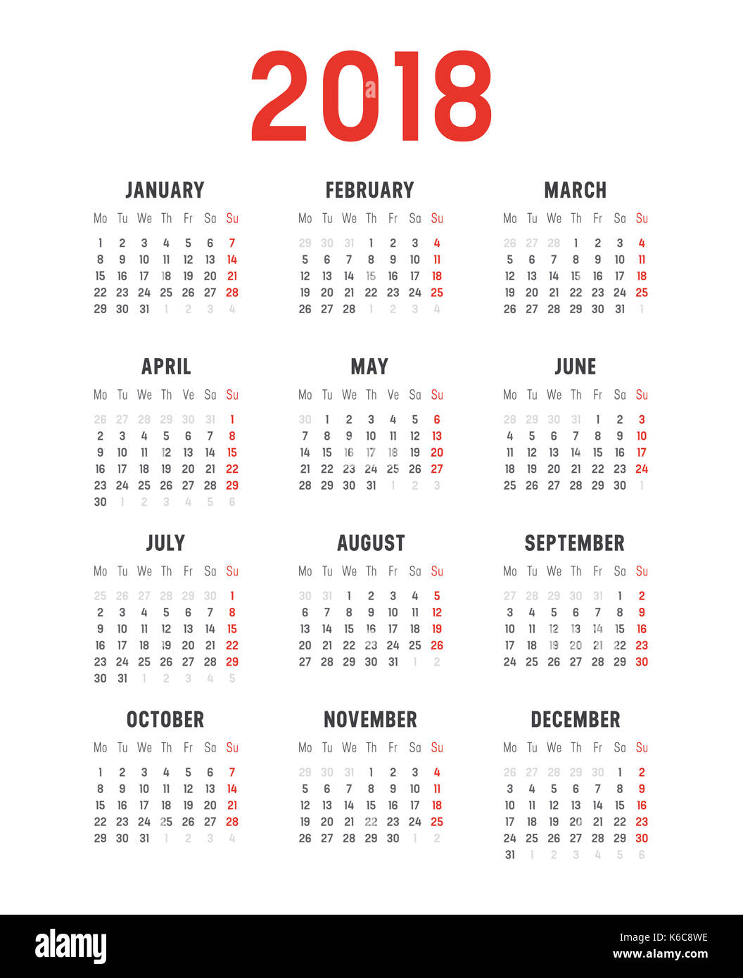 Anno 2018 Calendario minimalista, su sfondo bianco. Template vettoriale - settimane iniziano di lunedì Foto Stock