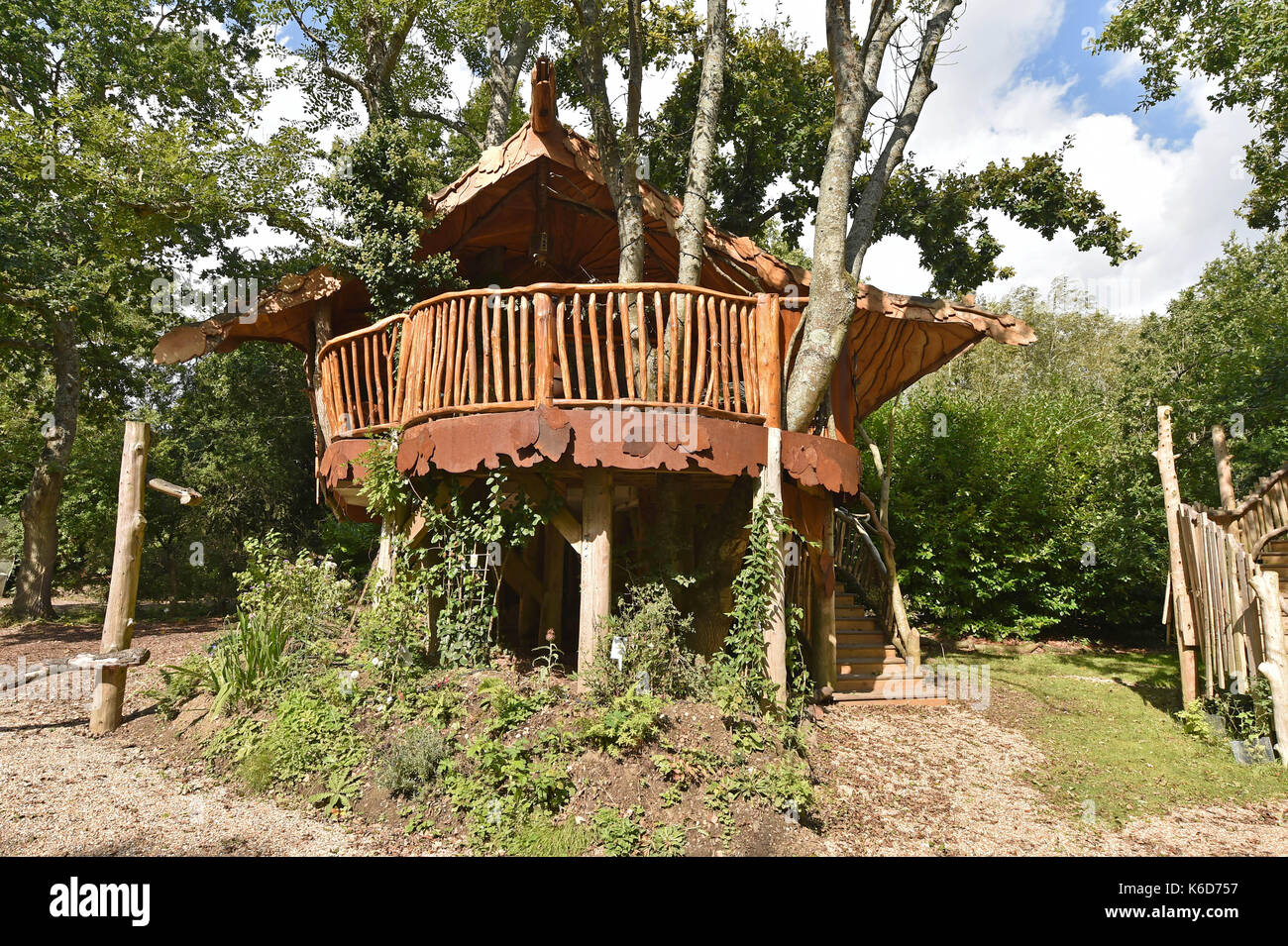 Ditchling sussex, Regno Unito. Xii Sep, 2017. Un nuovo albero di casa è stata svelata al legno di blackberry campeggio vicino ditchling nel Sussex . La nuova sistemazione tree house piggledy chiamato è stato costruito dal proprietario del campeggio tim johnson ed è più grande di quello originale della porta accanto tree house chiamato higgledy . quirky campeggio è noto per avere un bus londinese e un vecchio wessex elicottero dove la gente può anche stare in un ambiente tranquillo situato appena a nord di South Downs parco nazionale di credito: simon dack/alamy live news Foto Stock