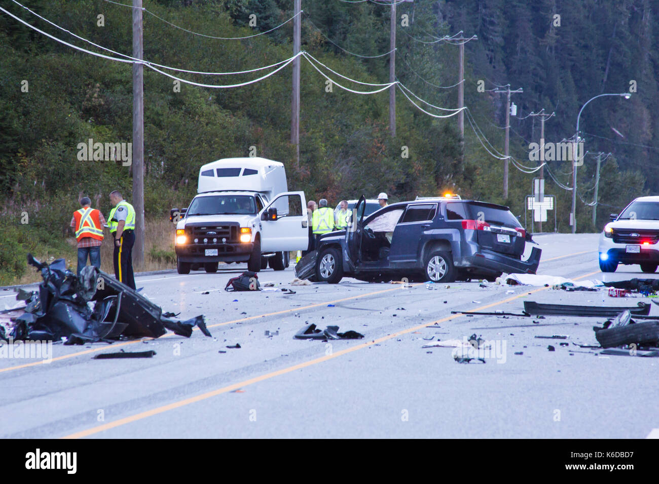 Speranza/BC, Canada. 11 settembre, 2017. donna passeggero confermato morto in postumi di terribili hit ed eseguire dal maschio di conducente del veicolo stesso. egli sped off in un Fire Fighters veicolo di servizio che aveva smesso di aiutare. Gerard toney/alamy live news. Foto Stock