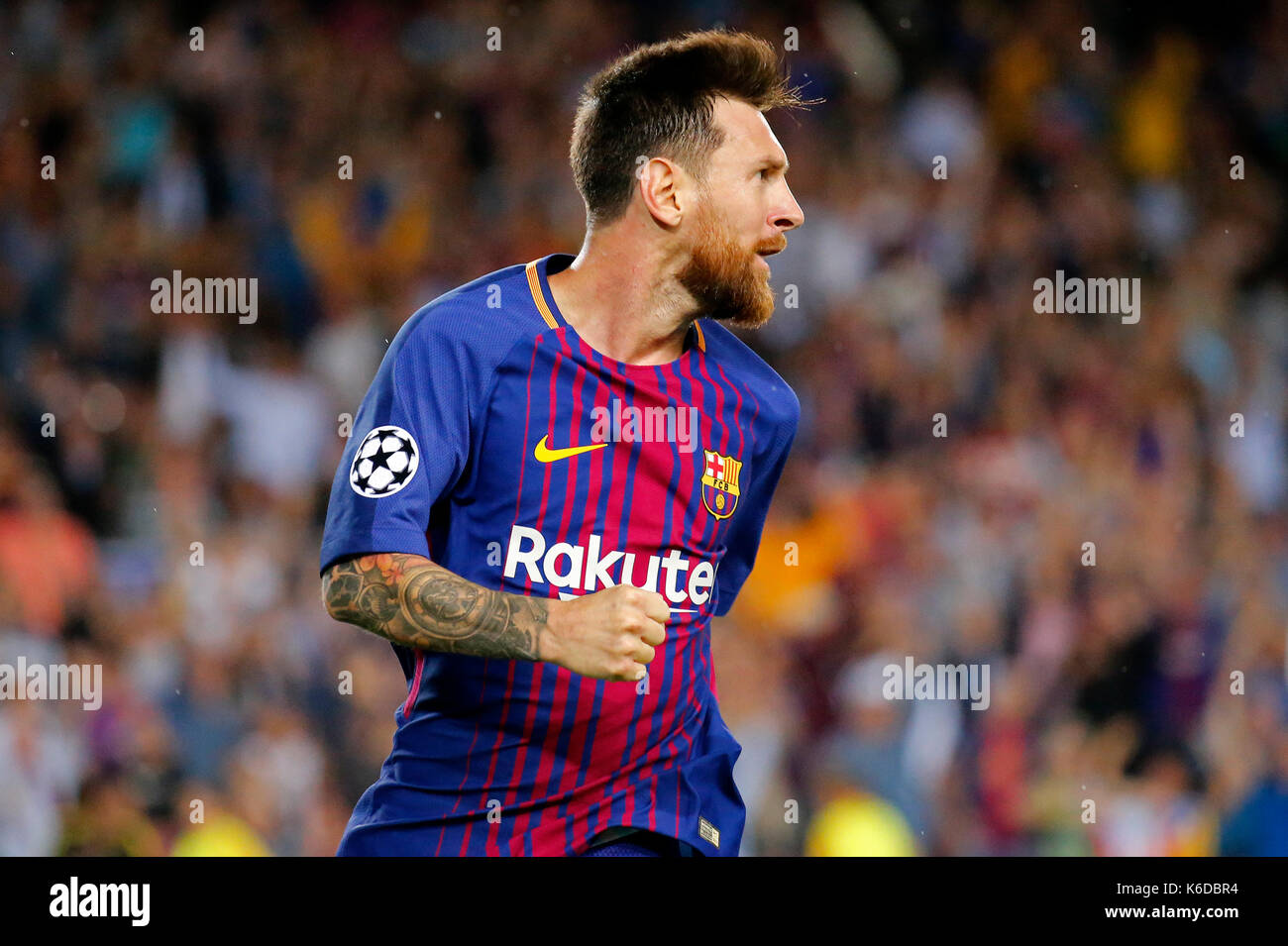 Barcellona, Spagna. Xii Sep, 2017. celebracion de leo messi duranti el Partido de la jornada primera del grupo d de la Liga de Campeones, entre el fc barcelona y la Juventus de turin, disputado en el Camp Nou. Credito: gtres información más comuniación on line,s.l./alamy live news Foto Stock