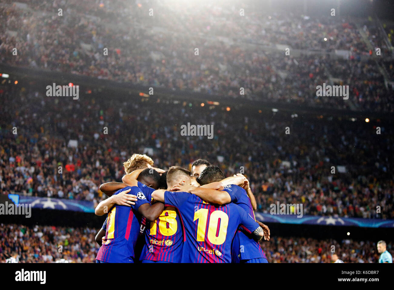 Barcellona, Spagna. Xii Sep, 2017. celebración de los jugadores del fc barcelona durante el Partido de la jornada primera del grupo d de la Liga de Campeones, entre el fc barcelona y la Juventus de turin, disputado en el Camp Nou. Credito: gtres información más comuniación on line,s.l./alamy live news Foto Stock