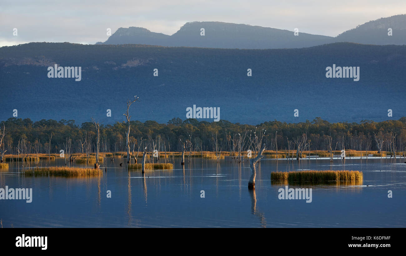 Ultima luce del sole streaming su un lago calmo Fyans. Regione di Grampians, Victoria, Australia. Foto Stock