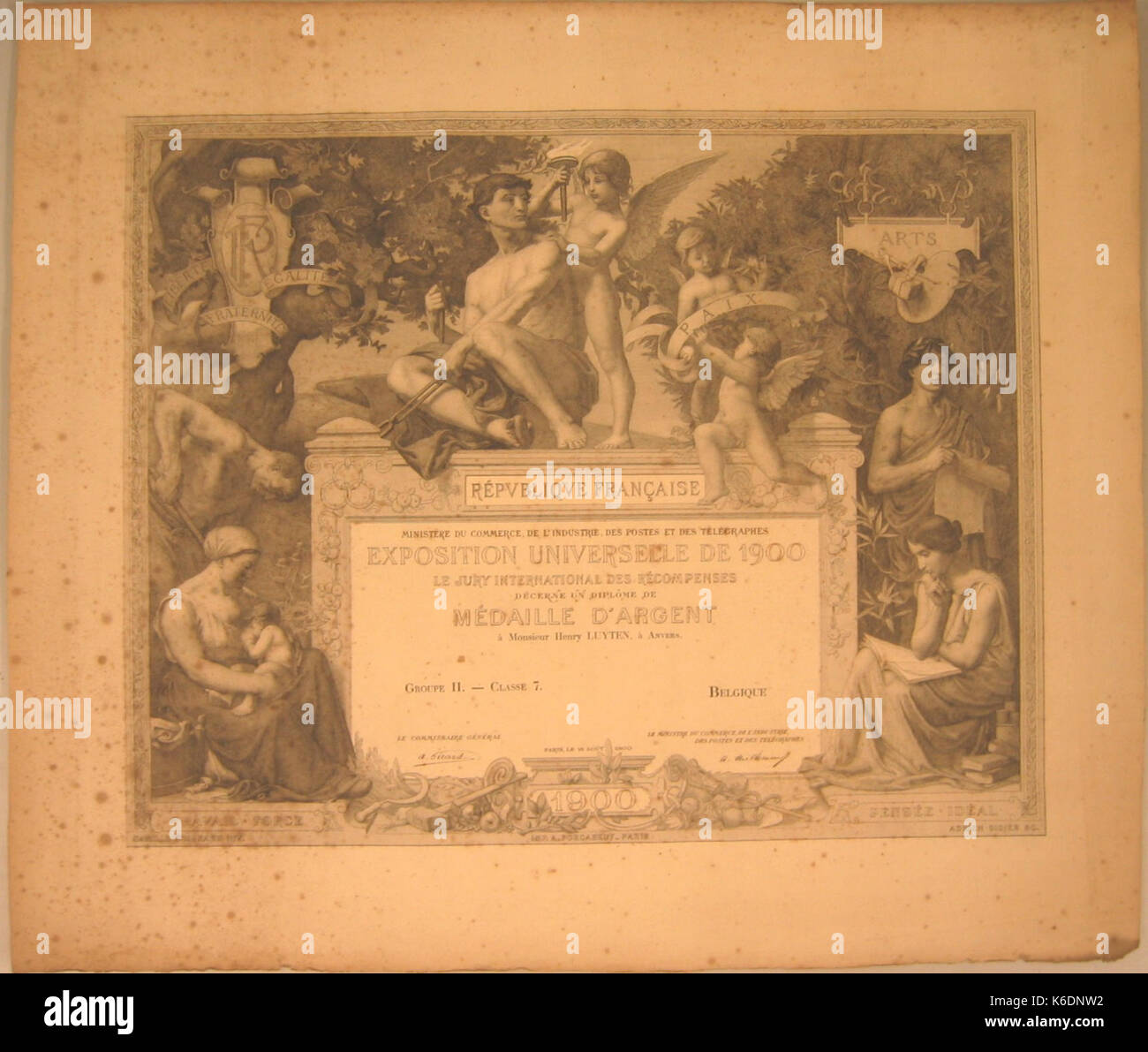 Certificato di la medaglia d argento attribuito a Henry Luyten dalla giuria dell'Exposition Universelle de 1900 Roermond municipal art collection 0613 Foto Stock
