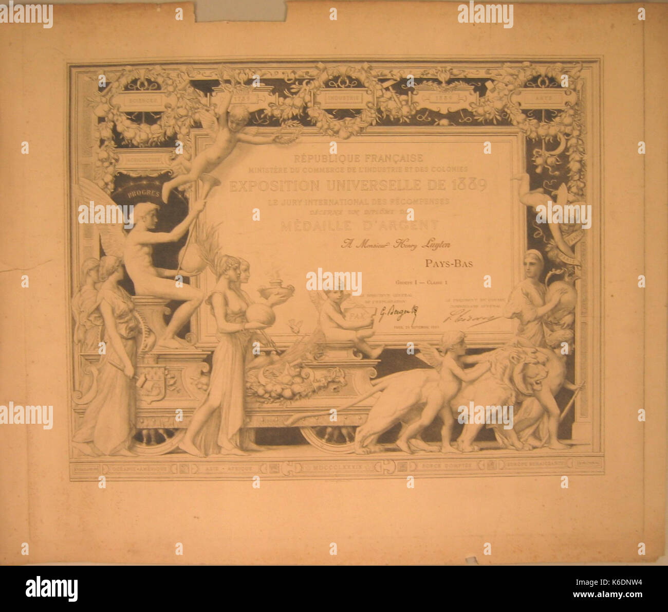 Certificato di la medaglia d argento attribuito a Henry Luyten dalla giuria dell'Exposition Universelle di 1889 Roermond municipal art collection 0612 Foto Stock