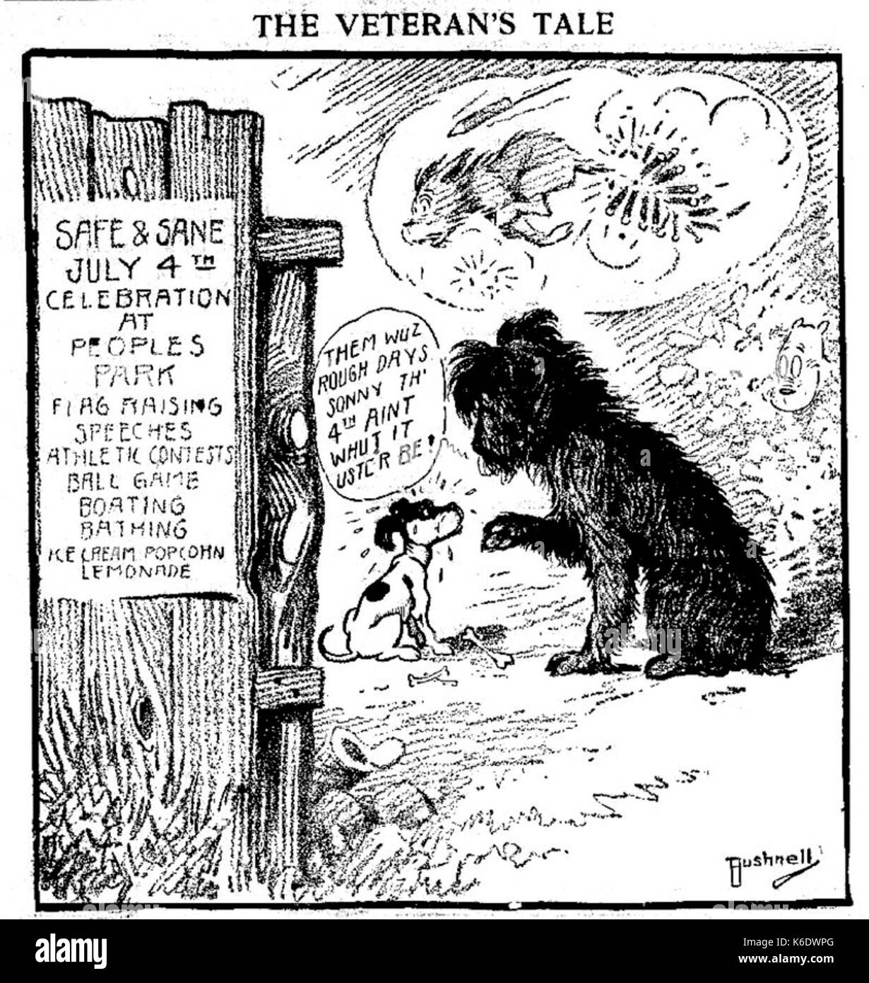 Bushnell cartoon sui cani di aver paura del luglio 4 fuochi d'artificio Foto Stock