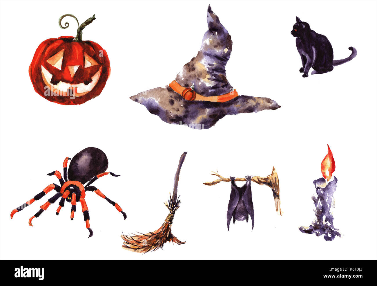 Raccolta di disegnato a mano i caratteri ad acquerello halloween cat hat spider candela zucca scopa Foto Stock