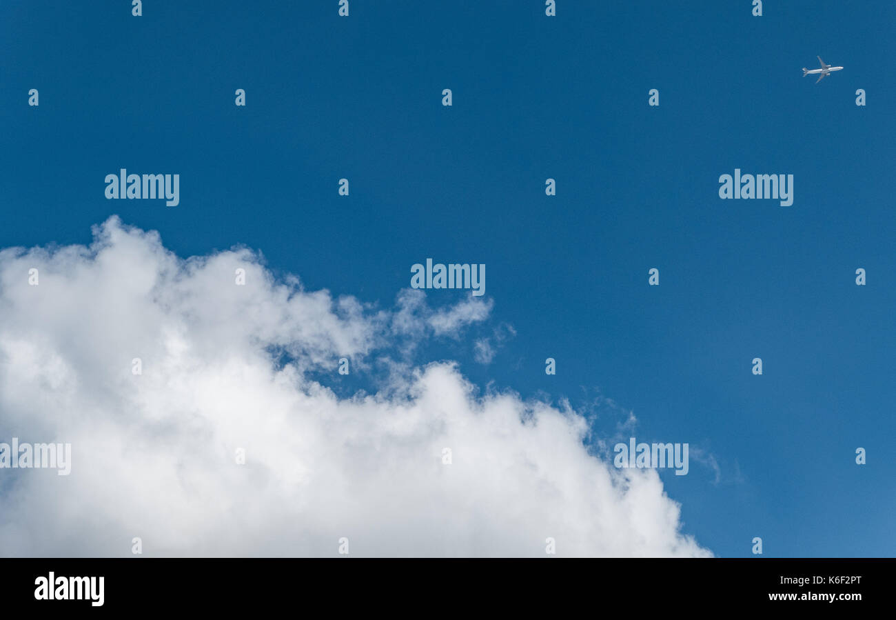 Un aereo di linea che passa una grande nuvola bianca Foto Stock