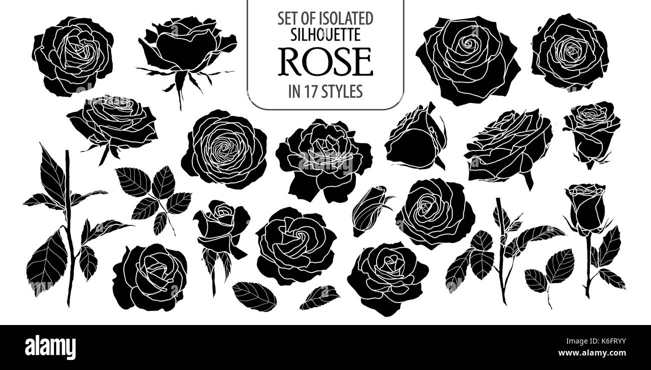 Set di rose isolati in 17 stili. Carino flower Illustrazione disegnata a mano stile. Presentati in silhouette su sfondo bianco. Illustrazione Vettoriale