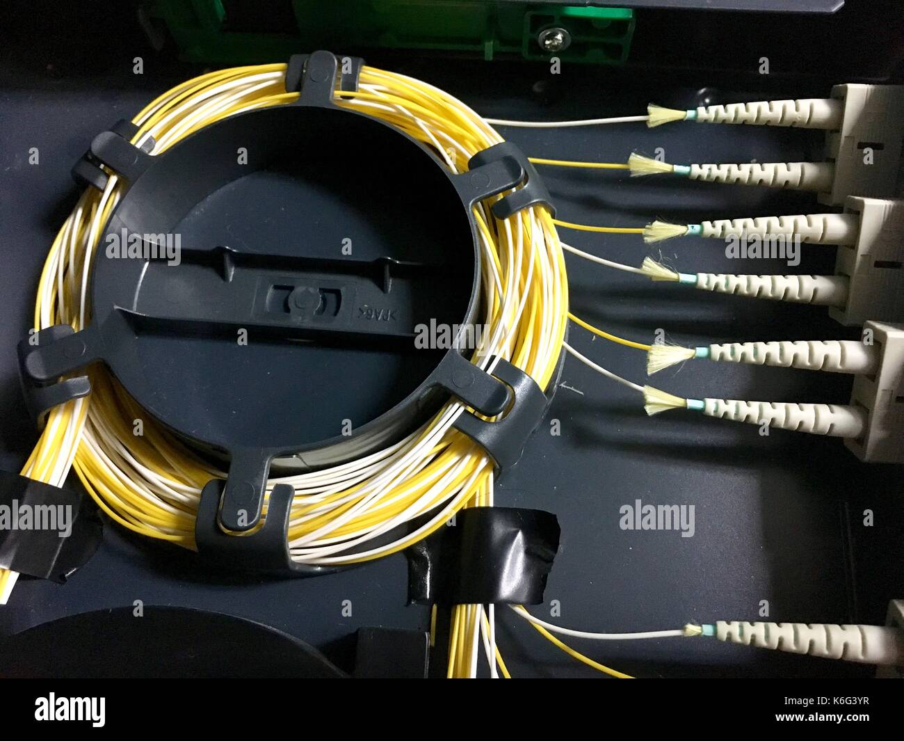 I cavi in fibra ottica con connettori nel gruppo Foto Stock