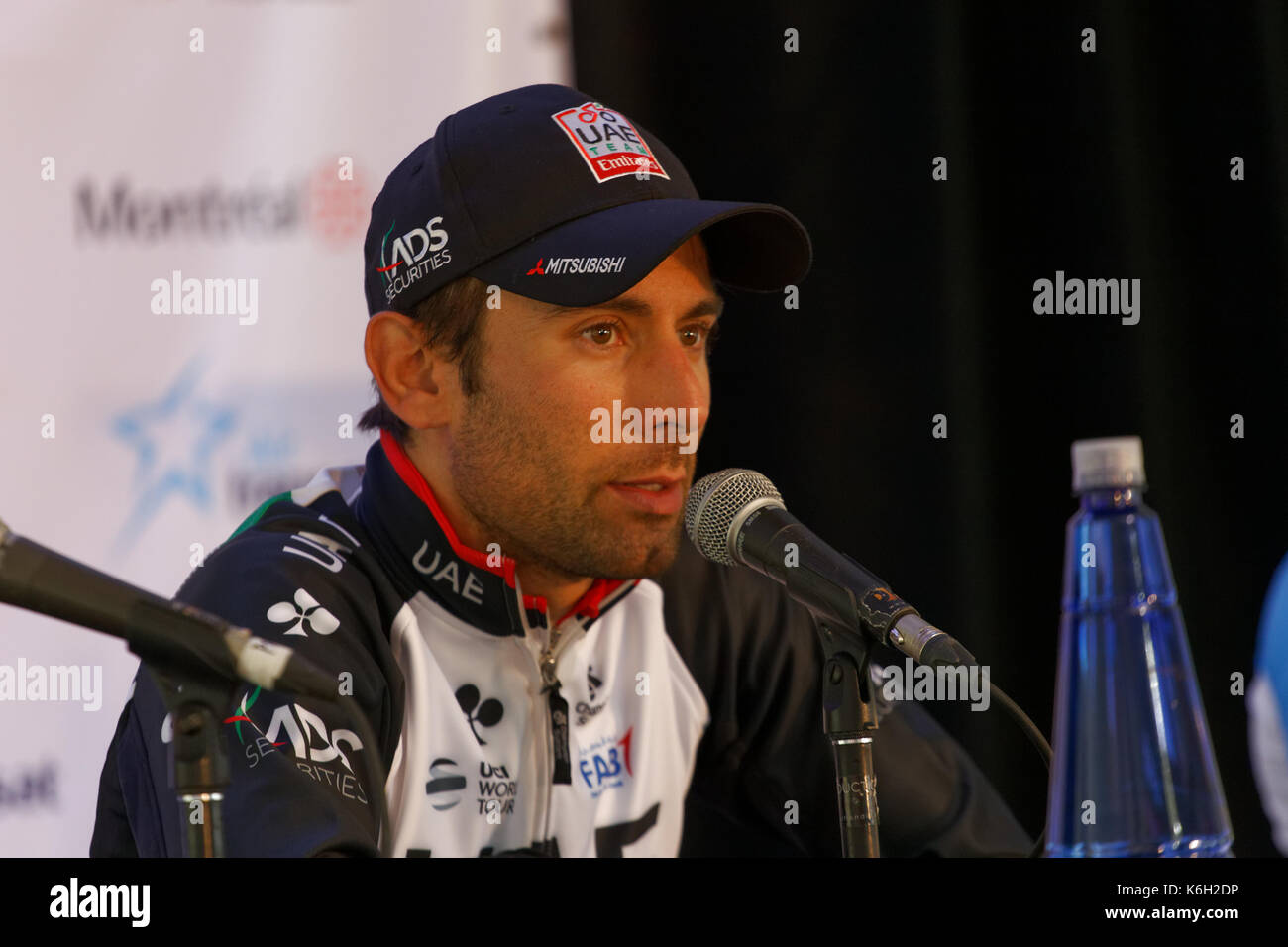 Montreal, Canada. 10/09/2017. Diego Ulissi del team degli emirati arabi uniti emirates, vincitore del grand prix cycliste di Montreal al post gara news conferenza. Foto Stock