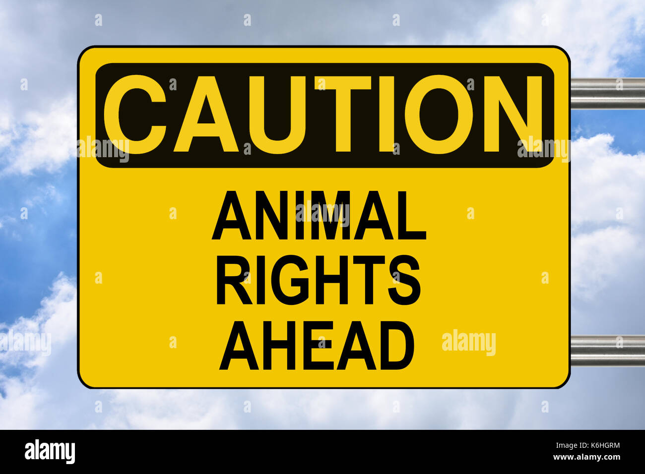 Diritti degli animali davanti, cartello giallo di avvertimento Foto Stock
