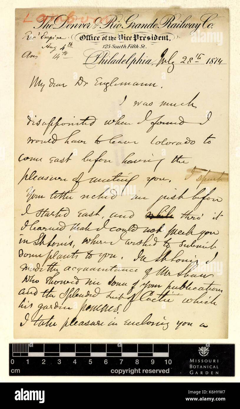 Corrispondenza Lamborn (Robert) e Engelmann (George) (Lug 25, 1874 (1)) BHL43574147 Foto Stock