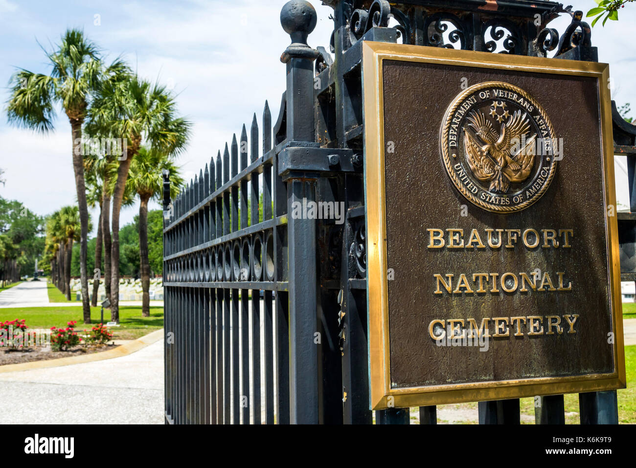 Beaufort South Carolina, quartiere storico, cimitero nazionale, ingresso, recinzione, targa, SC170514029 Foto Stock