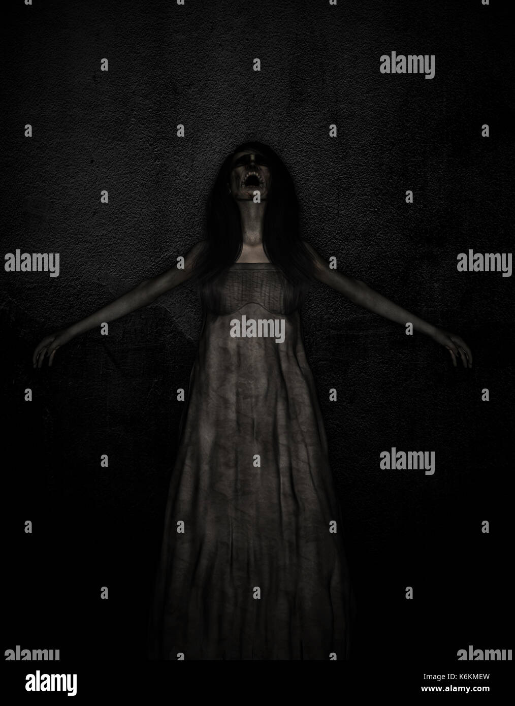 3d illustrazione di scary fantasma della donna nel buio,sfondo Horror,i supporti misti Foto Stock