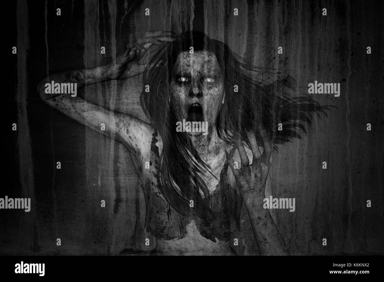 3d illustrazione di inquietante Ghost donna lamenti nel buio,sfondo Horror,i supporti misti Foto Stock