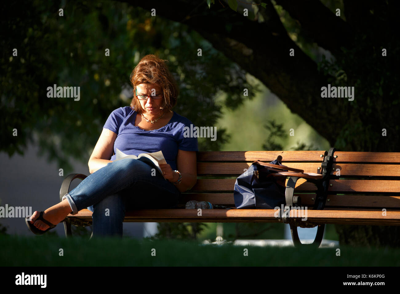 Donna lettura sulla città una panchina nel parco nel tardo pomeriggio estivo, Piers Park, East Boston, Massachusetts Foto Stock