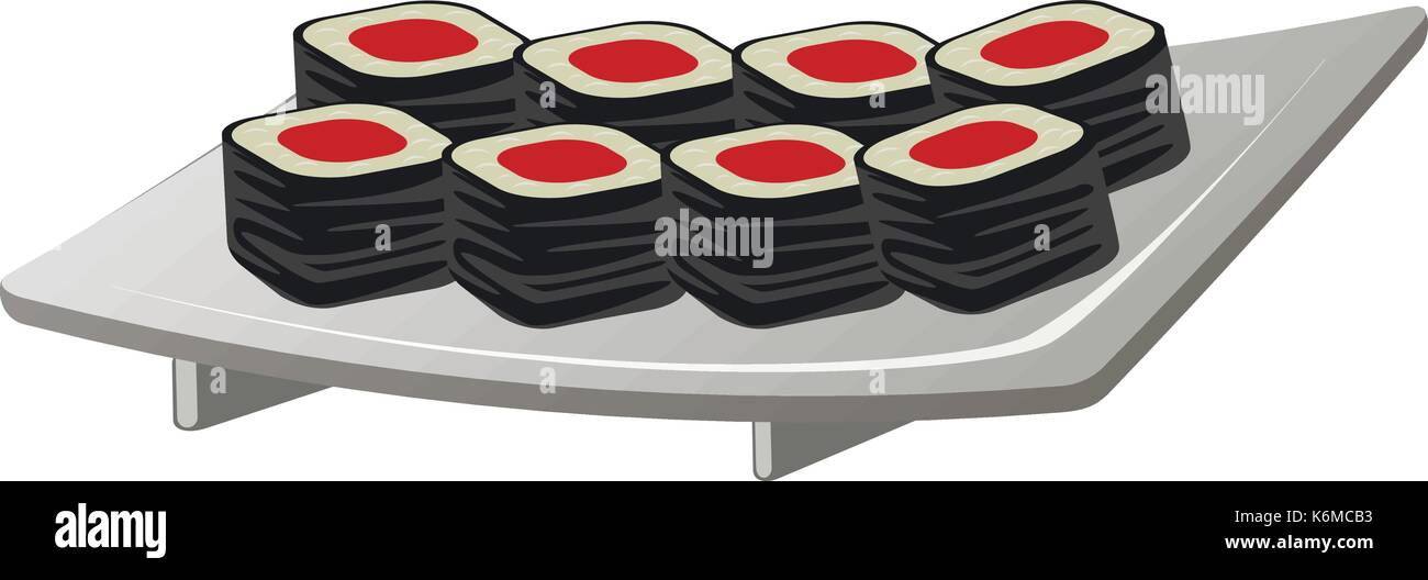 Vettore sushi giapponese rotoli sulla piastra bianca Illustrazione Vettoriale