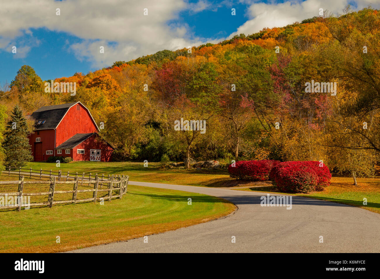 Granaio rosso intorno a caduta delle foglie - i caldi e luminosi colori dell'Autunno nel Nord Est circondano il granaio rosso presso un agriturismo in Western Conne Foto Stock