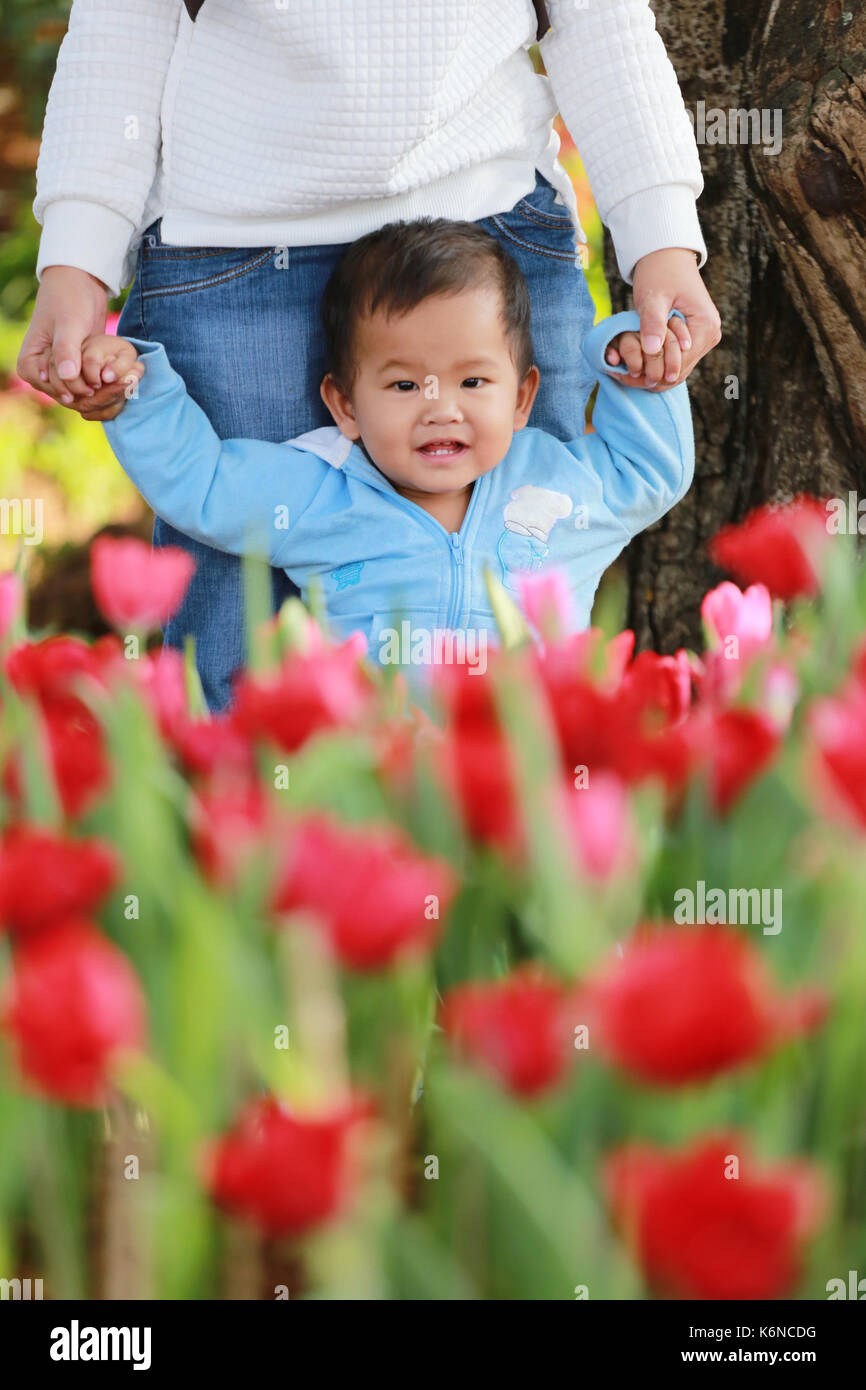 Ragazzo asiatico così felice di tulipani rossi giardino,nozione di carino e luminoso i bambini. Foto Stock