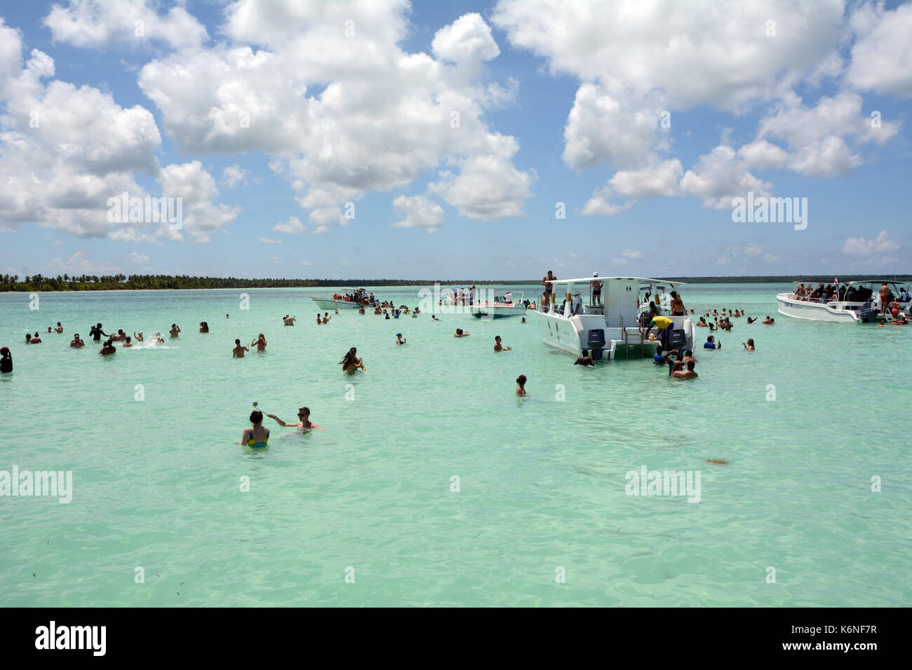 I turisti in visita a piscina naturale - Isla Saona - Repubblica dominicana e la visualizzazione delle Bahama starfish Foto Stock