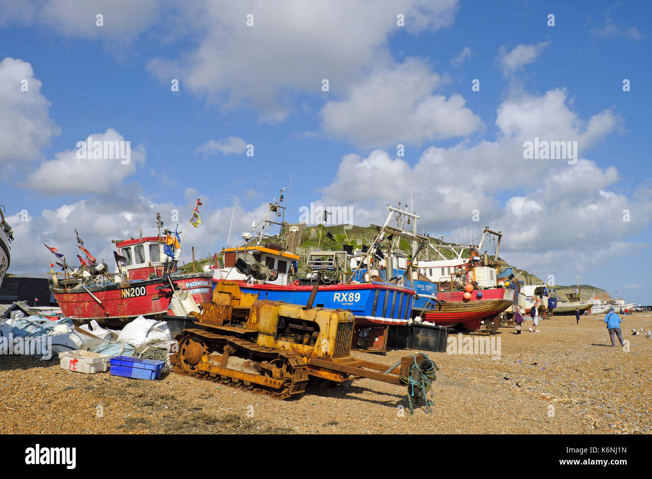 Hastings Stade barca da pesca Beach, East Sussex, Regno Unito, GB Foto Stock